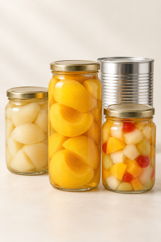 Assorted canned fruits in glass jars and tin can